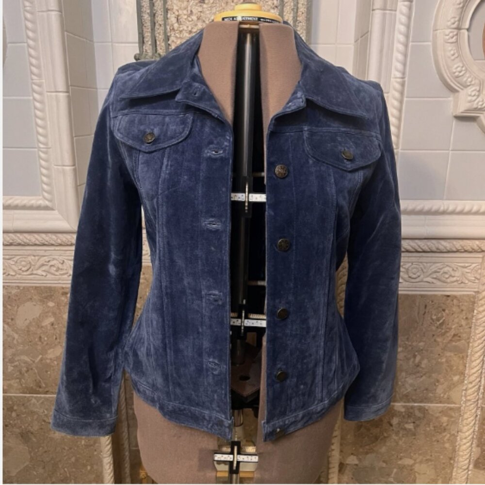 Fabio. Size Small. Blue Suede Jacket. Lined. Long Sleeve. Button Cuffs. DB2